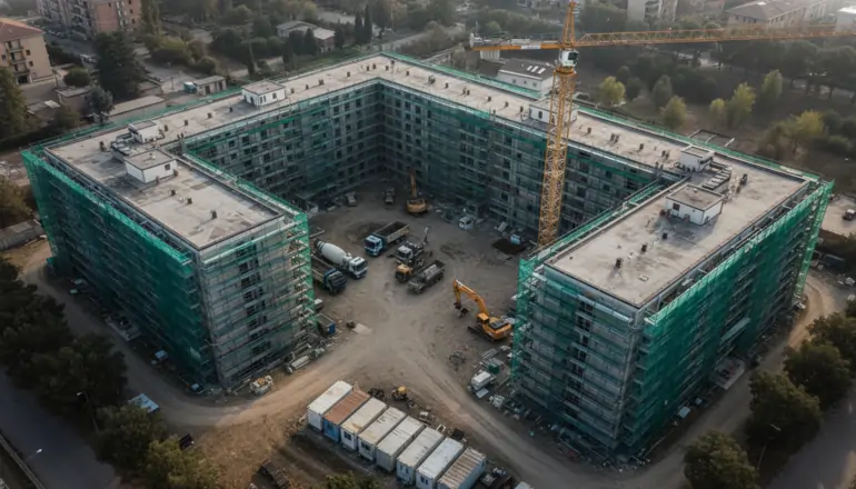 Vista aerea di un complesso di edilizia residenziale pubblica con gru, ponteggi e mezzi di cantiere per il recupero degli alloggi popolari | SOAsemplice