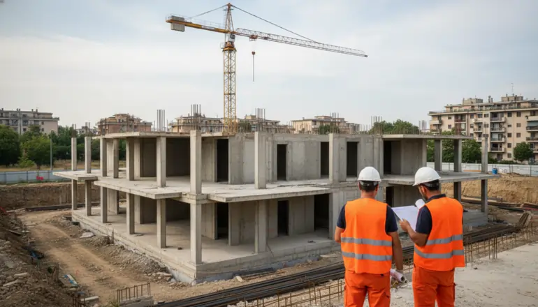 Operai edili al lavoro su un cantiere di edilizia residenziale pubblica nell'ambito del Piano casa 2026, con elmetto e attrezzi | SOAsemplice