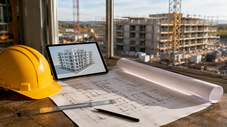 Scrivania di progetto con elmetto, planimetrie e tablet per la pianificazione di un cantiere del Piano casa 2026 | SOAsemplice