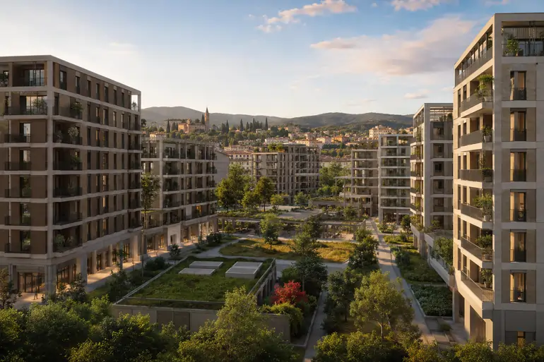 Grande complesso residenziale di edilizia integrata con palazzine moderne, aree verdi e servizi del Piano casa 2026 | SOAsemplice