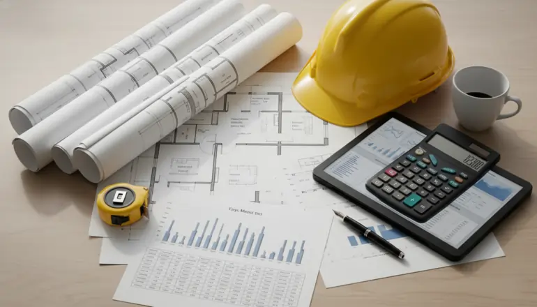 Scrivania con caschetto da cantiere, planimetrie, calcolatrice e tablet per la pianificazione di una gara d'appalto del Piano casa | SOAsemplice