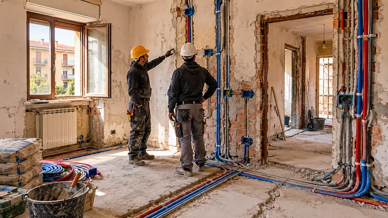 Interno di appartamento ERP in ristrutturazione con impianti a vista e operai al lavoro nel cantiere Piano casa 2026 | SOAsemplice